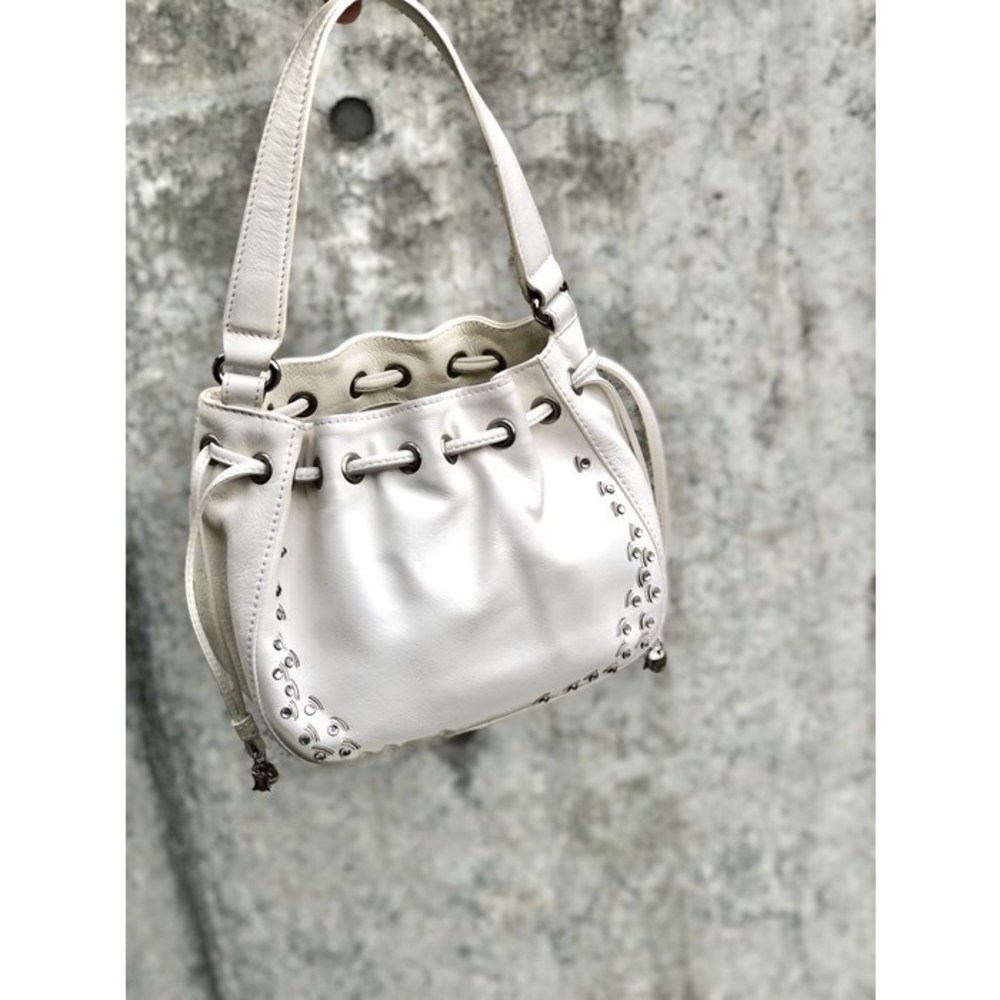 Celine Triomphe Charm Leather Drawstring Handbag White Vintage